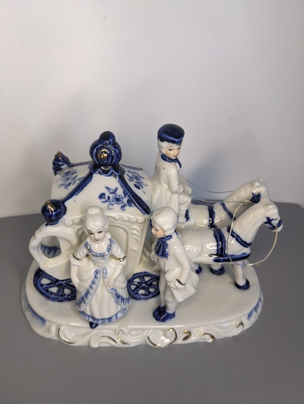 Capodimonte Style Porcelain Horse Drawn Carriage Figurine Blue Gold Rococo Decor